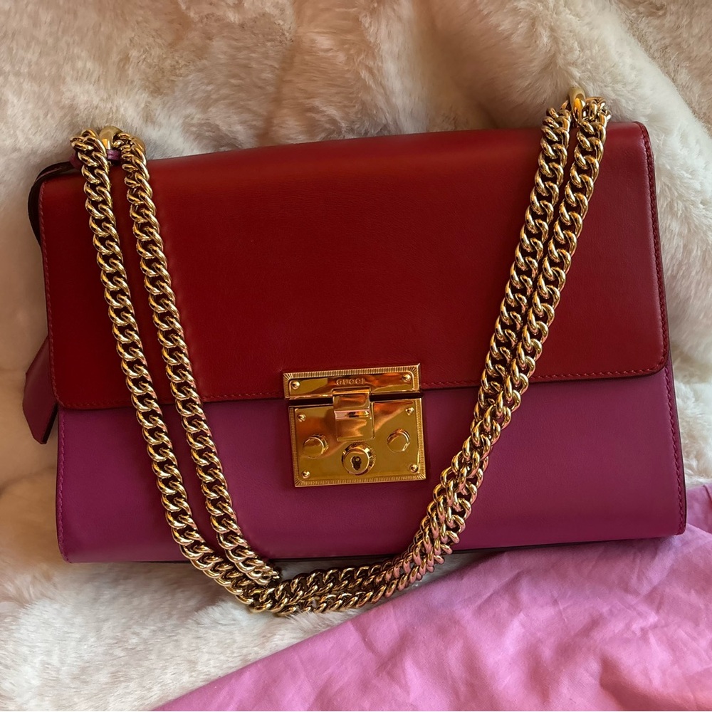 Large Gucci Pink & Red Leather Purse with Gold Lock/Key/Chain & COA - Picture 2 of 16